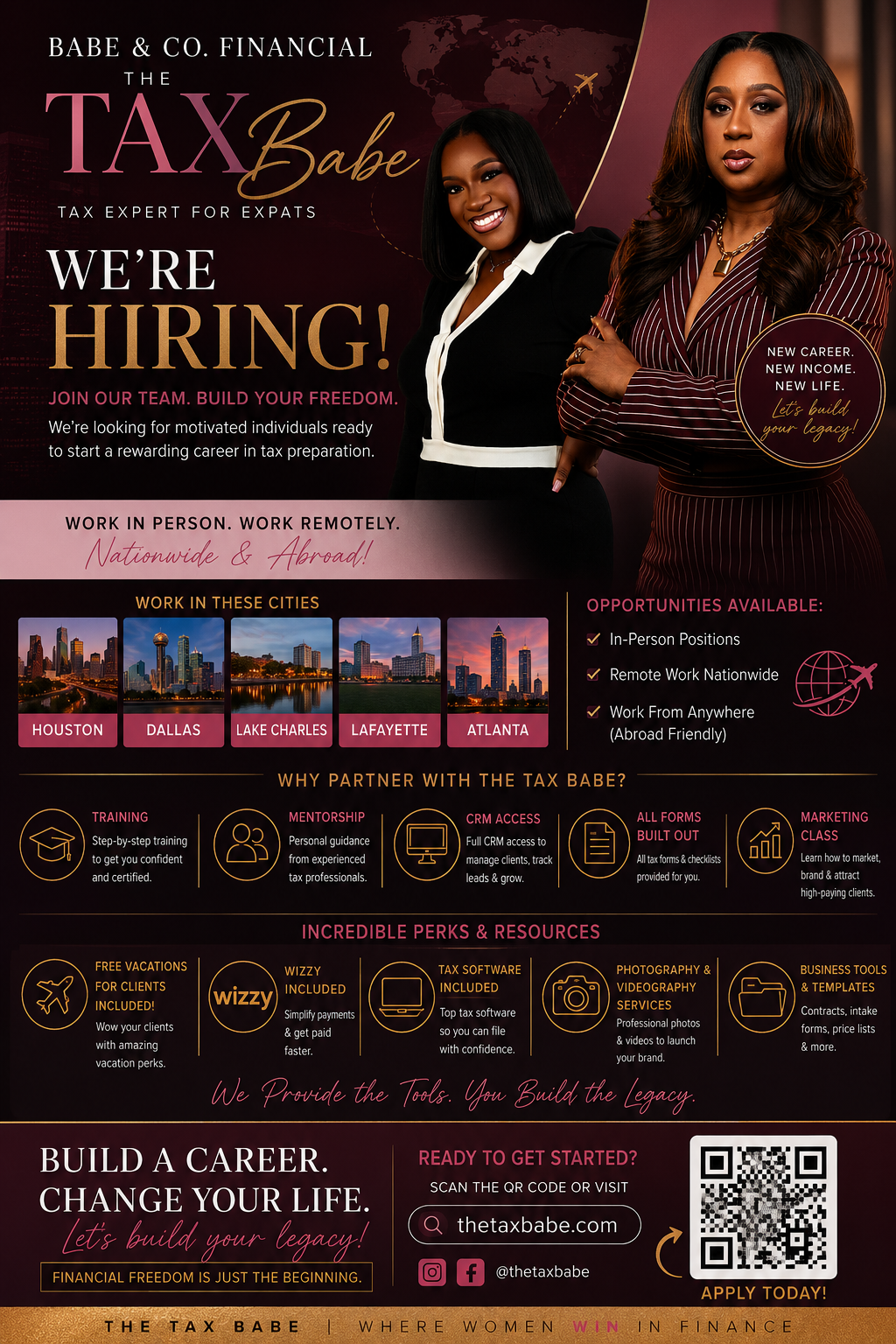 The Tax Babe hiring campaign for in-person and remote tax professionals